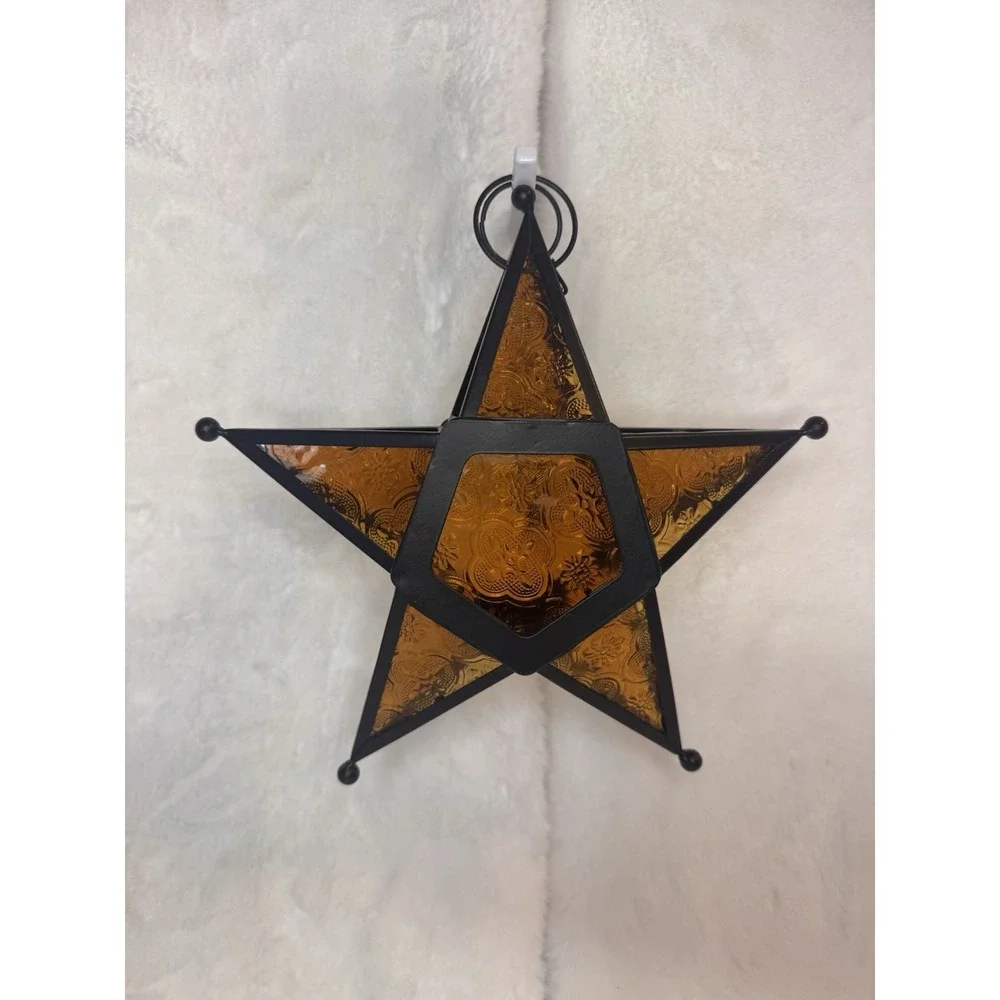 VTG Moroccan Star Style Amber Glass Metal Hanging Tea Light Candle Lantern 9.5